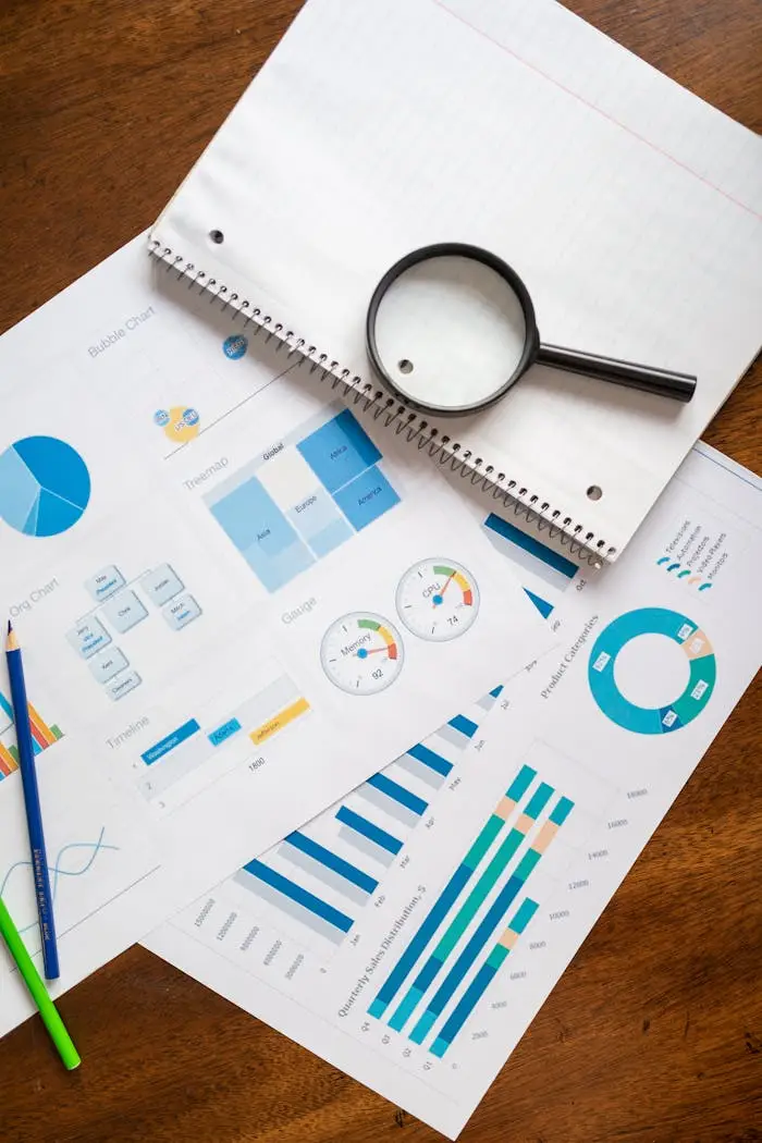 why-choose-us A set of financial charts and graphs with a magnifying glass, perfect for business reports.